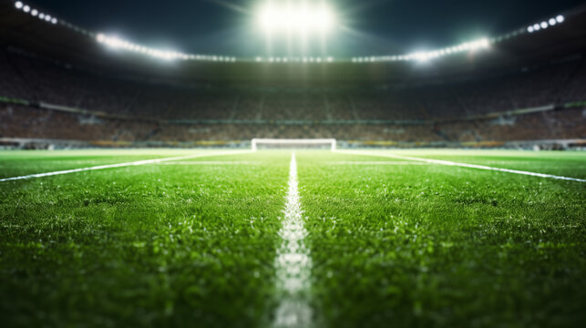 Soccer field lines. Background soccer pitch green grass football stadium, ground view. Grass macro in sports arena with lights, goal  background