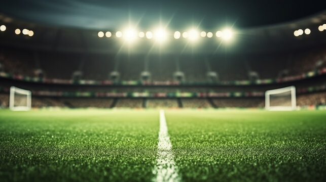 Football field at night, illuminated by bright lights. A white line runs down the center of the field, with a blurred goal in the background