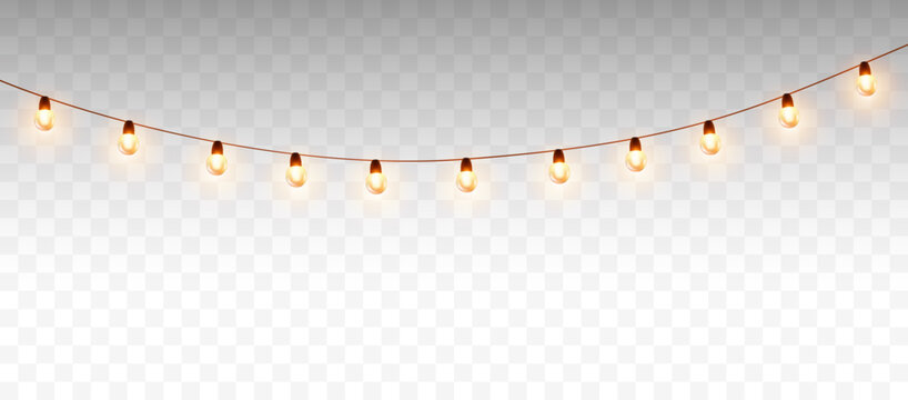 Lights bulbs isolated on transparent background. Glowing fairy Christmas garland strings. Vector New Year party led lamps decorations