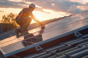 worker installing photovoltaic panels on the roof of a building with sunset in the background with space for text or inscriptions
