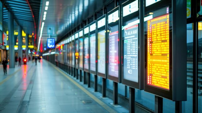 Digital Timetable Displays at Modern Train Station. Generative ai. - Powered by Adobe