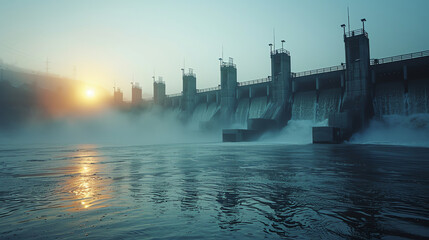 Serene sunrise over a dam with mist rising from the water. Tranquil morning scenery with calm reflections on the surface.
