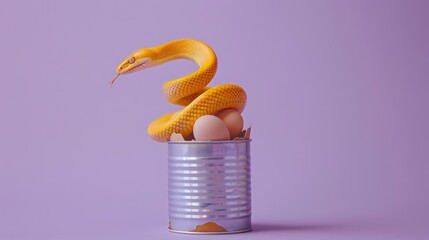 Rubber snake toy emerges from metal can with eggshells on purple backdrop Minimal design with space on the side