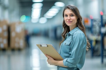 Young Woman Holding Clipboard in Modern Warehouse - Blue Shirt, Logistics, Inventory Management