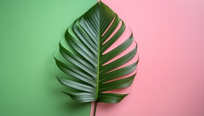 minimal summer exotic concept with copy space featuring a green tropical palm leaf on a pink and green background in a creative flat lay