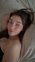 Brunette in bed nexgen fitness 16, pale skin, in the style of snapshot aesthetic, gray, gray and brown, vacation dadcore,generative ai