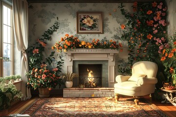 Fototapeta premium Cozy Cottage Living Room with a fireplace, floral prints, comfy armchairs, and a warm, cottage-inspired atmosphere. Cozy cottage home decor.
