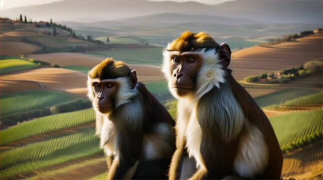 Monkey overlooking a beautiful Tuscan hillside, with vineyards and countryside in the background