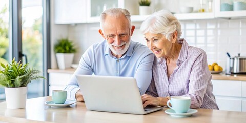 Senior Couple Enjoying Technology Together at Home. A cheerful elderly couple explores the internet on a laptop in a bright kitchen, sharing a moment of joy and connectivity.