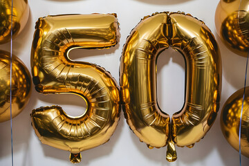 Shiny Golden Foil Balloons Forming Number 50 - Elegant Celebration Decor on Neutral Background