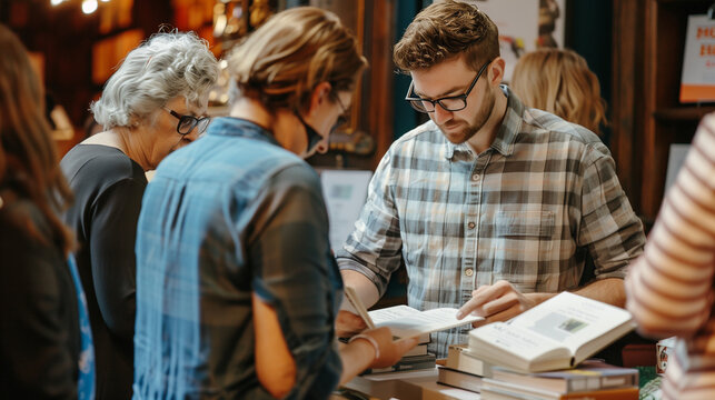 Author signing books at a literary event