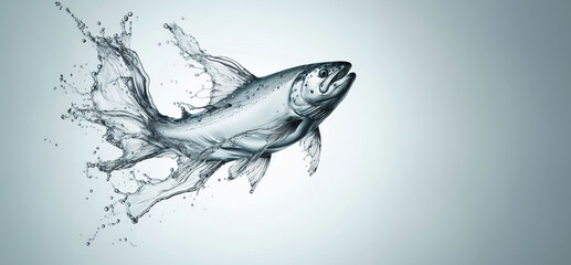 Creative representation of a Sockeye Salmon fish made of water. Liquid shapes the fish’s body and head, creating fluid beauty on a blurred white background, emphasizing the artistic fluidity of water
