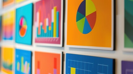 Graph icons on colorful square frames in a presentation board with a white backdrop