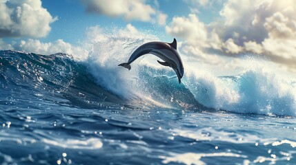 Energetic dolphins leaping above the waves.