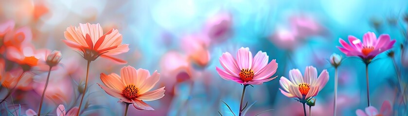 A vibrant field of colorful flowers in full bloom under a bright, serene sky, capturing the essence of springtime beauty and tranquility.