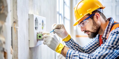 Electrician Installing Circuit Breaker. A focused electrician in protective gear carefully installs wiring in a wall-mounted electrical box. 

