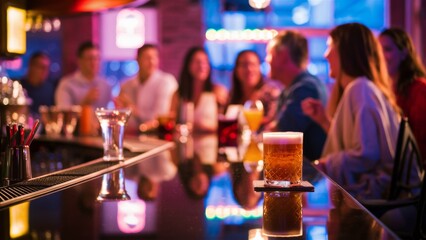 A group of people sitting at a bar with drinks in front, AI