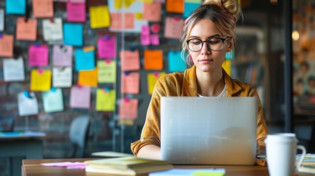 A woman sits at a desk in an office, focusing on her laptop while a wall of colorful sticky notes serves as a visual reminder.