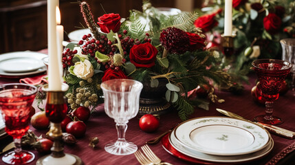 Fototapeta premium Table decor, holiday tablescape and formal dinner table setting for Christmas, holidays and event celebration, English country decoration and home styling inspiration