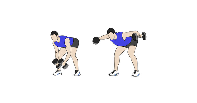 Hand drawn vector illustration showing correct standing dumbbell rear delt fly exercise. Fitness training technique with proper form isolated on white background.