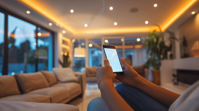 Person controlling smart home automation system using a smartphone, sitting in a modern, well-lit living room.