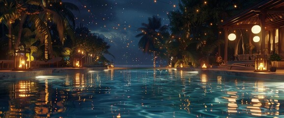 The Pool Glows At Night, Creating A Magical And Serene Setting