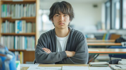 Focused Japanese Student Studying at Desk in Library, Ideal for Educational StudyThemed Designs