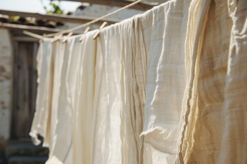 Clean Linen Sheets Drying on Clothesline