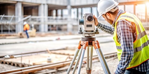 Naklejka premium Surveyor at Construction Site. A construction surveyor wearing a hard hat and high-visibility vest is using a theodolite for precise measurements at a construction site.