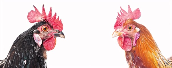 Close-up of comical chickens against a white backdrop.