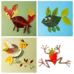 Collage of four squares showcasing figures crafted from natural materials like leaves and twigs.