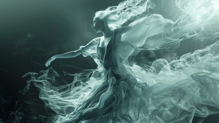 A woman wearing a flowing, white dress that appears to be made of smoke dances in a dark, ethereal setting.
