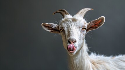 Fototapeta premium Close-up of a goat making a tongue-out expression.