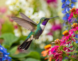 Fototapeta premium Hummingbird with colorful plumage, flying, colorful flowers.