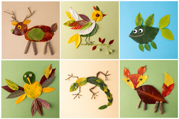Fototapeta premium Collection of leaf art creations depicting animals crafted from natural materials. deer, bird, fish, bird. These artworks showcase creativity using natural elements highlighting the beauty of nature,
