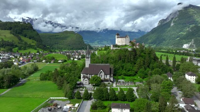 Gutenberg Castle - Medieval Burg in town of Balzers, Principality of Liechtenstein. Aerial Picturesque summer landscape