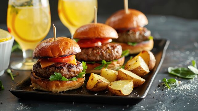 Mini burgers and fried potatoes on a children s plate with a lemonade Kids meal Kids Menu