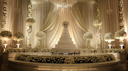 White wedding cake with flowers on the stage of reception hall