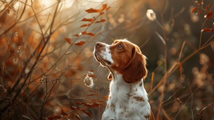 A dog of the hunting breed Epagnol Breton of white and red color stands in a rack having smelled a bird during a hunting walk in nature