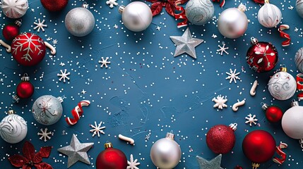 Merry Christmas and Happy Holidays greeting card frame banner New Year Noel White Christmas white and red ornaments on blue background top view Winter holiday xmas theme Flat lay