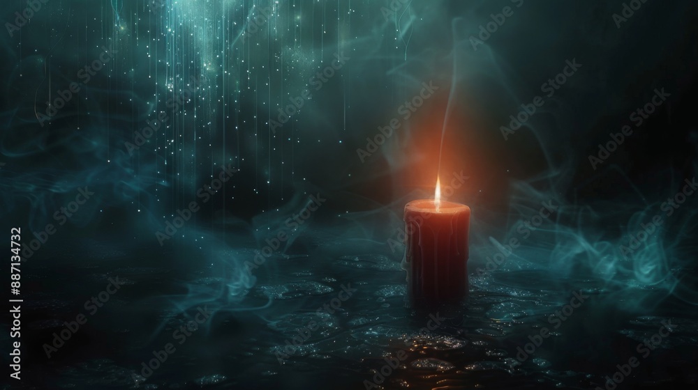 Poster a single red candle burns brightly on a dark, misty surface. the candle is surrounded by smoke and i