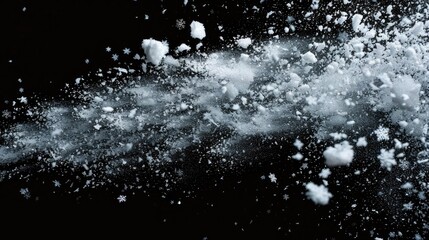 Photo image of falling down snow heavy big small size snows Freeze shot on black background isolated overlay Fluffy White snowflakes splash cloud in mid air Real Snow high speed shutter
