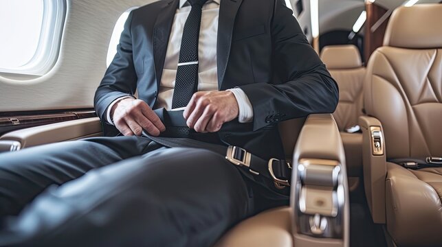cropped view of businessman fastening safety belt while sitting in private jet - Powered by Adobe