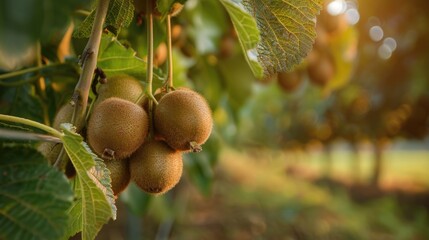 Ripe kiwi fruit ready for picking in the kiwi harvest