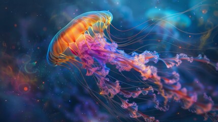 Obraz premium A vibrant jellyfish with long, flowing tentacles swims through a deep blue ocean, illuminated by a colorful, ethereal glow.