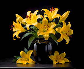 Floral arrangement in a black porcelain vase with yellow Asiatic lily flowers