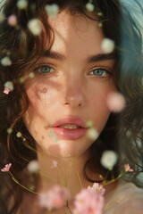 Naklejka premium Close-up of a woman with curly hair and flowers around her face