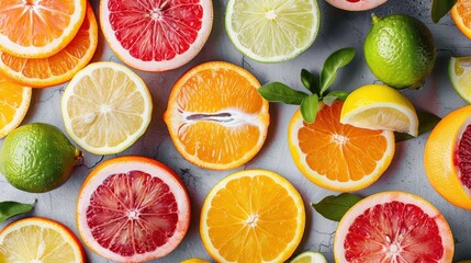 Fototapeta premium Top View Citrus Fruit Assortment on Grey Stone