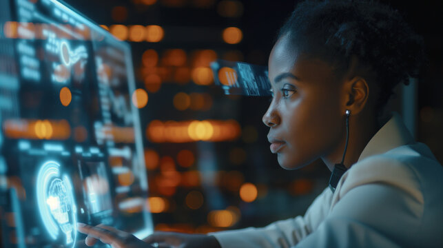 A side profile of a black African American woman IT specialist working on a laptop, with AR overlays showing AI-driven security threats and defense mechanisms.