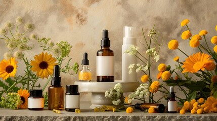 4. A calming skincare scene with calendula extract among other natural beauty products